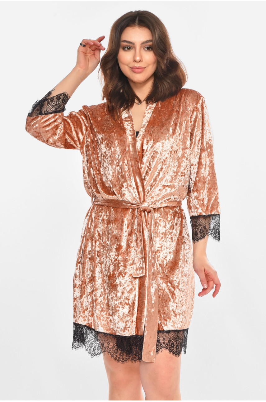 Халат женский полубатальный велюровый цвета мокко М06 212280