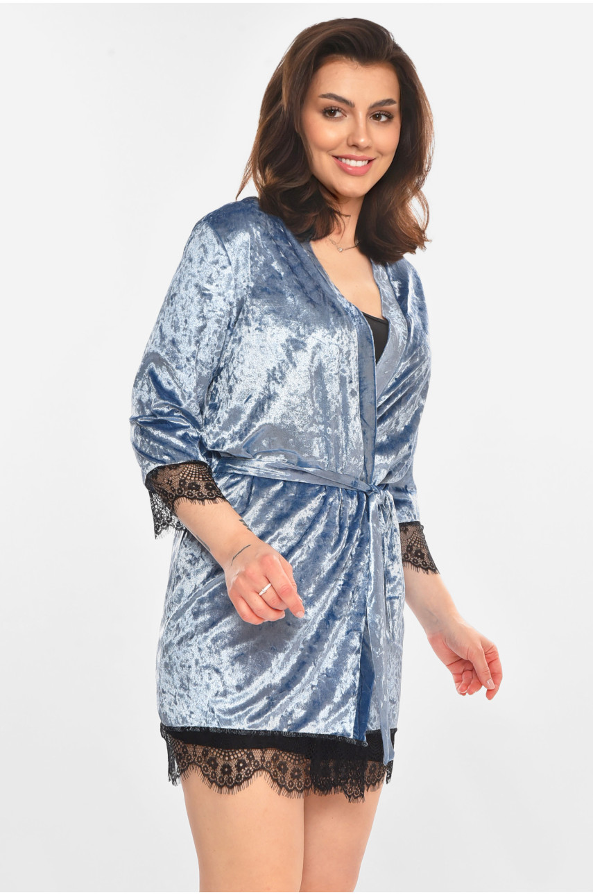 Халат женский велюровый тёмно-голубого цвета М08 212283