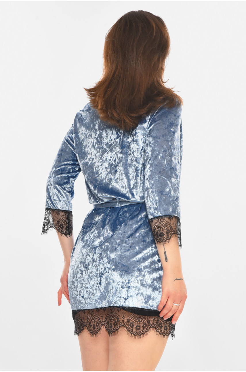 Халат женский велюровый тёмно-голубого цвета М08 212283