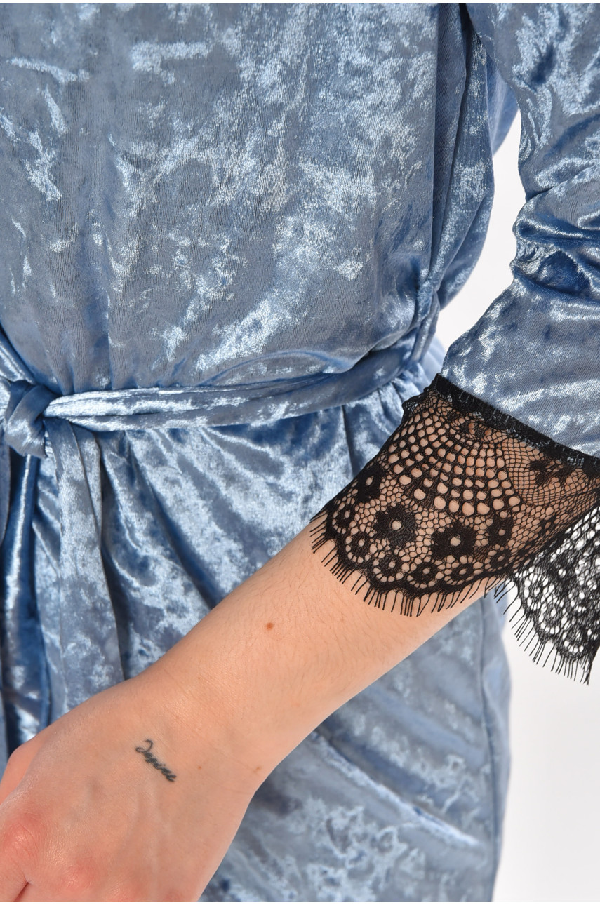 Халат женский велюровый тёмно-голубого цвета М08 212283