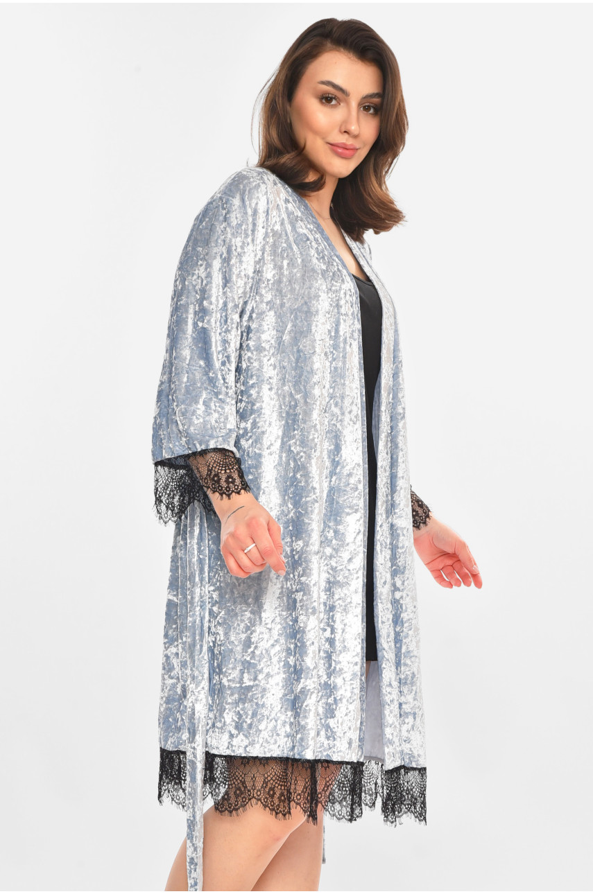 Халат женский полубатальный велюровый голубого цвета М08 212284