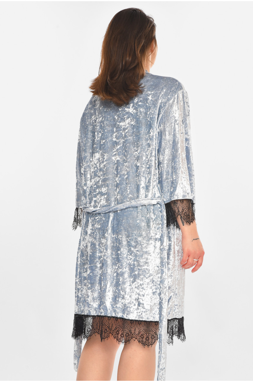 Халат женский полубатальный велюровый голубого цвета М08 212284