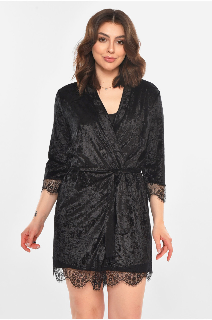 Халат женский велюровый черного цвета М08 212289