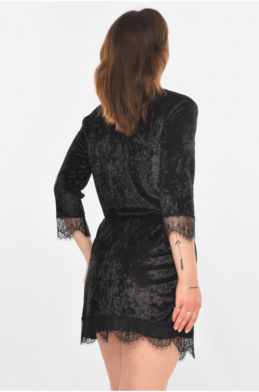 Халат женский велюровый черного цвета М08 212289 Халат женский велюровый черного цвета М08 212289