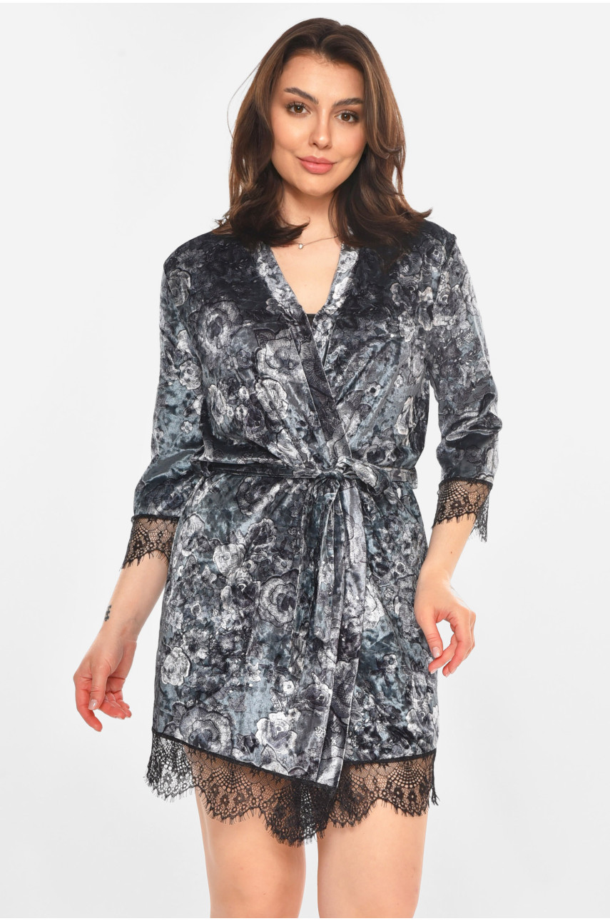 Халат женский велюровый тёмно-серого цвета с принтом 212300