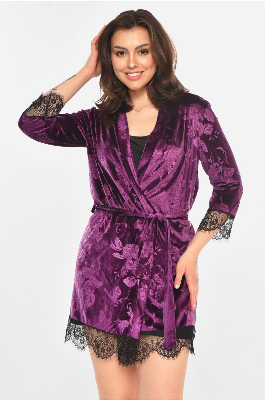 Халат женский велюровый сиреневого цвета М08 212304