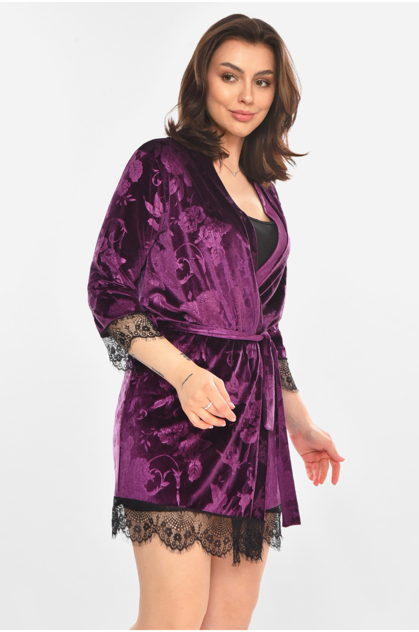 Халат женский велюровый сиреневого цвета М08 212304