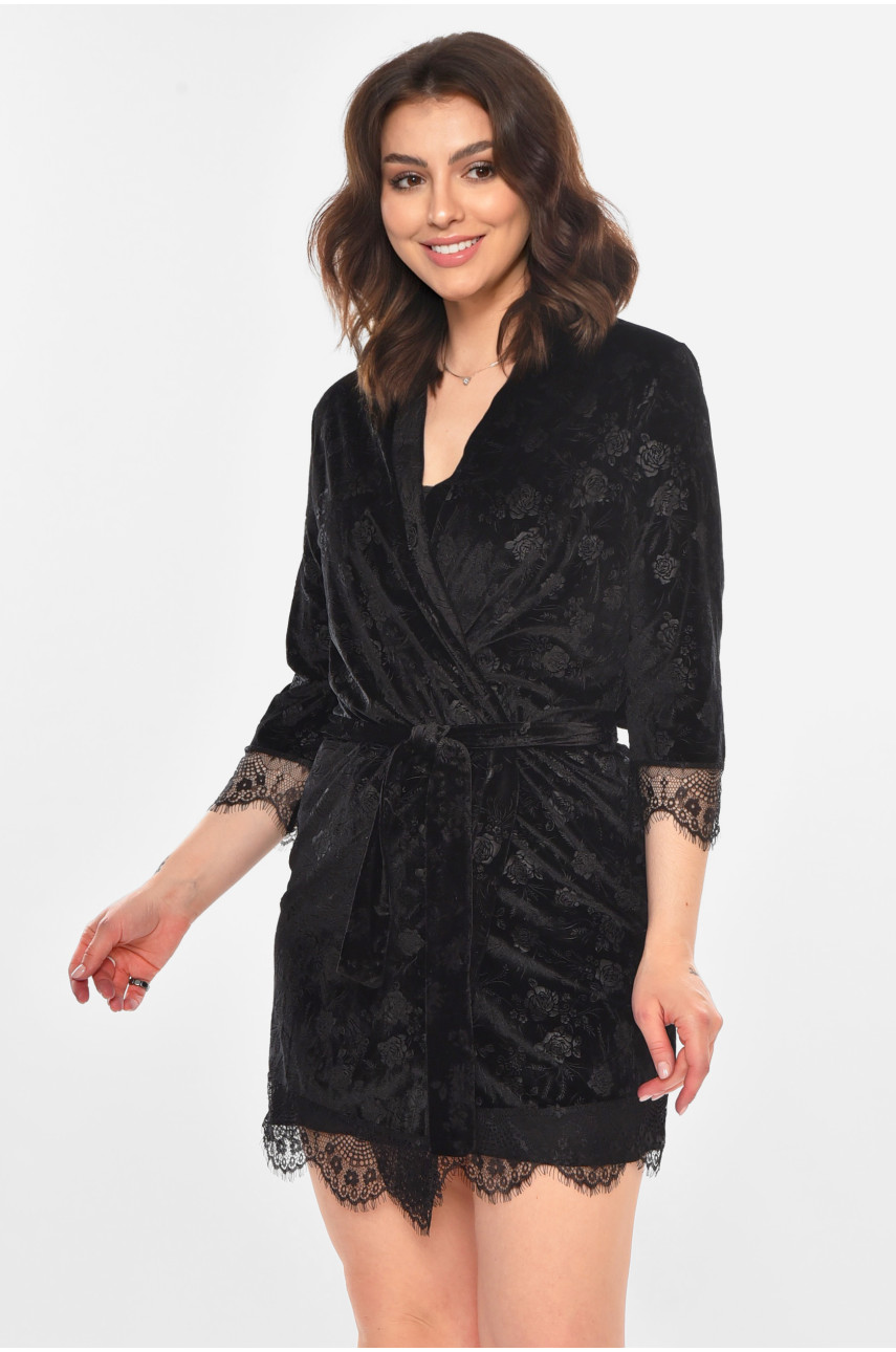 Халат женский велюровый черного цвета 0861 212306