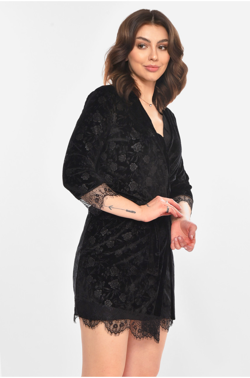 Халат женский велюровый черного цвета 0861 212306