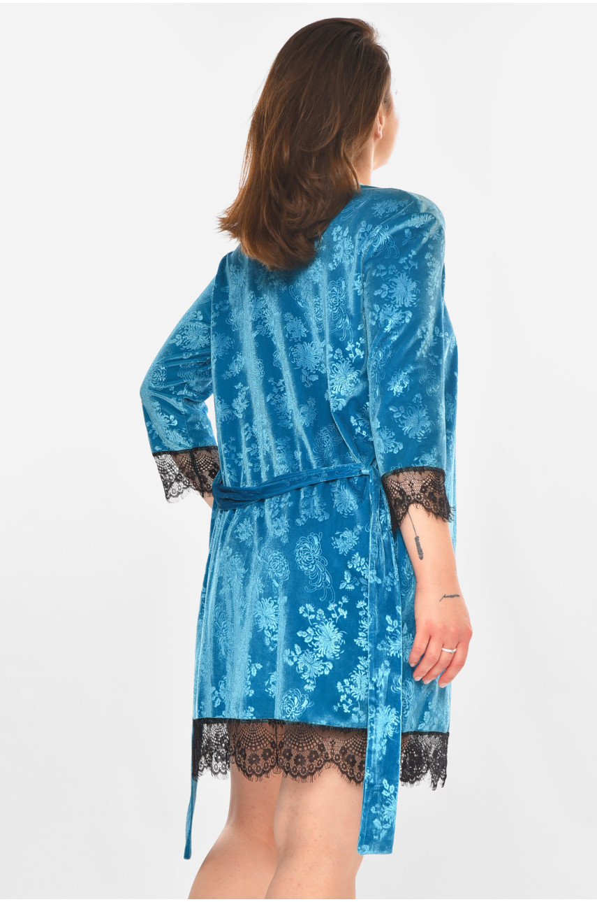 Халат женский велюровый бирюзового цвета М14 212308 Халат женский велюровый бирюзового цвета М14 212308