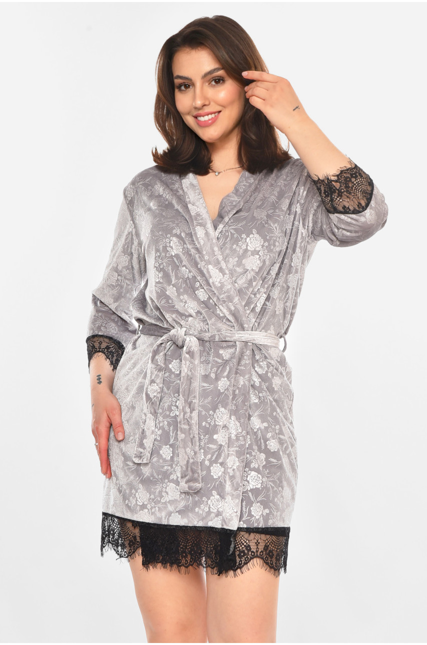 Халат женский велюровый серого цвета М14 212309