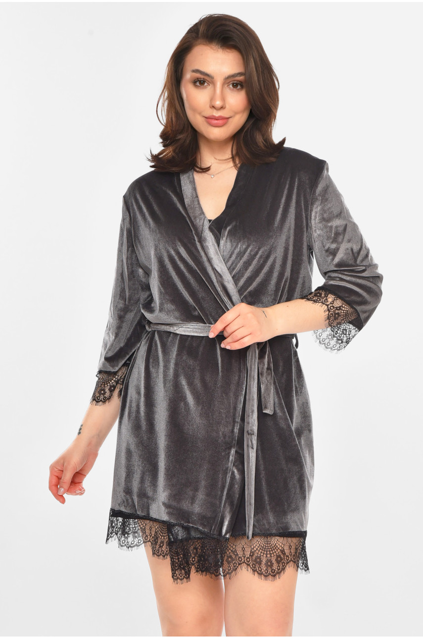 Халат женский велюровый тёмно-серого цвета 212339