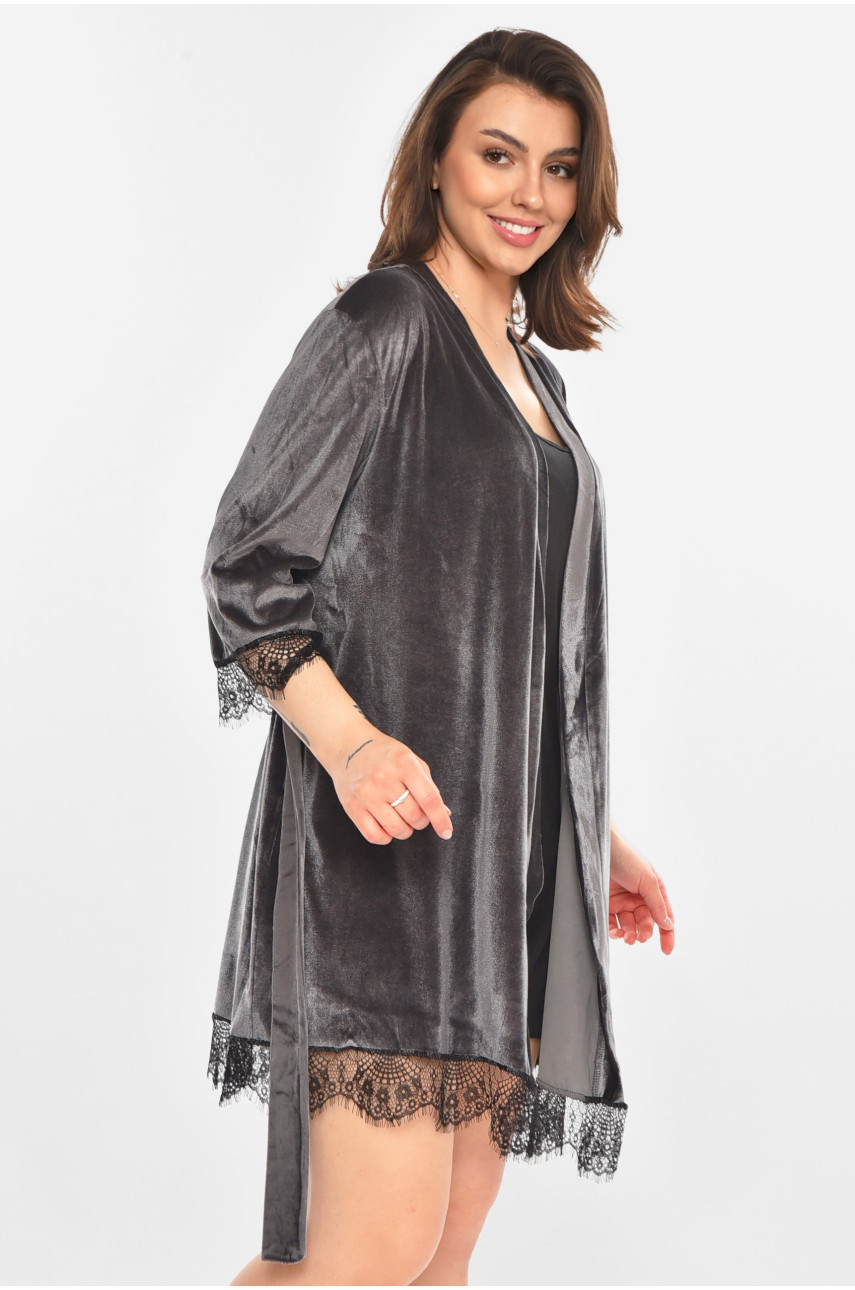 Халат женский велюровый тёмно-серого цвета 212339