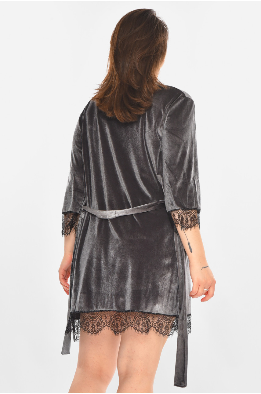 Халат женский велюровый тёмно-серого цвета 212339