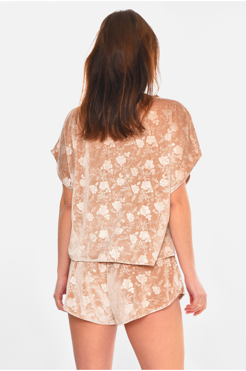 Пижама женская велюровая бежевого цвета 212342