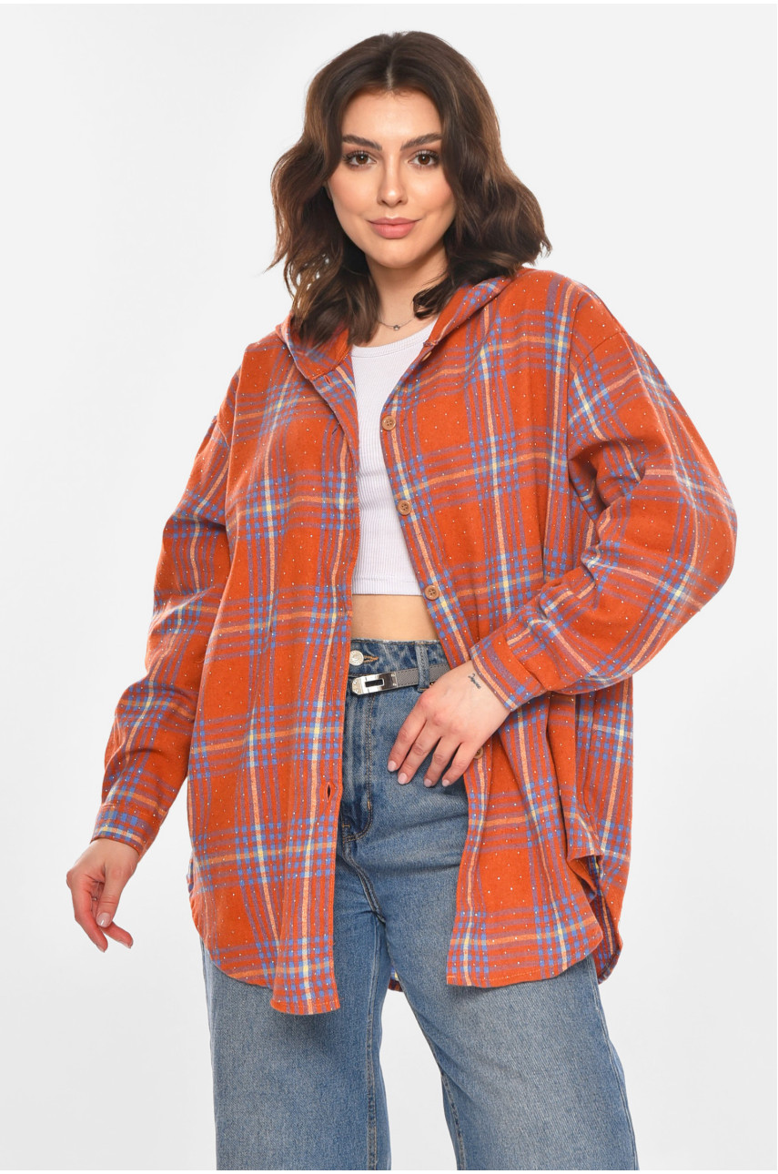 Рубашка женская полубатальная терракотового цвета со стразами 7758 212348