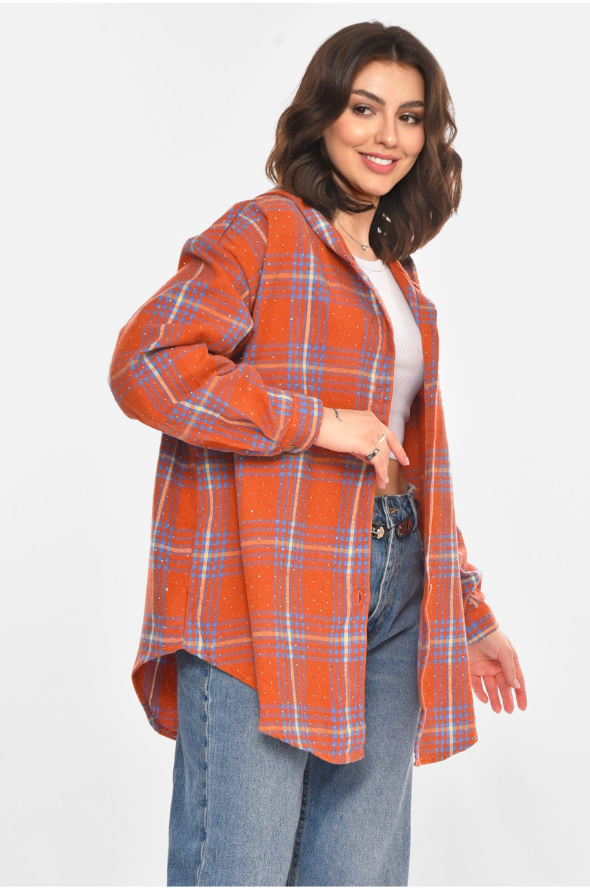Рубашка женская полубатальная терракотового цвета со стразами 7758 212348