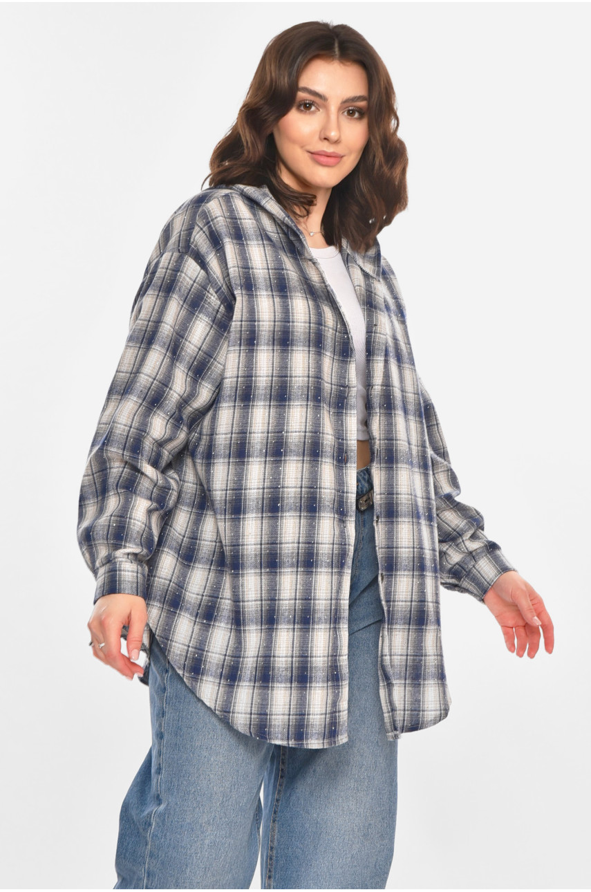 Рубашка женская полубатальная синего цвета со стразами 7758 212349