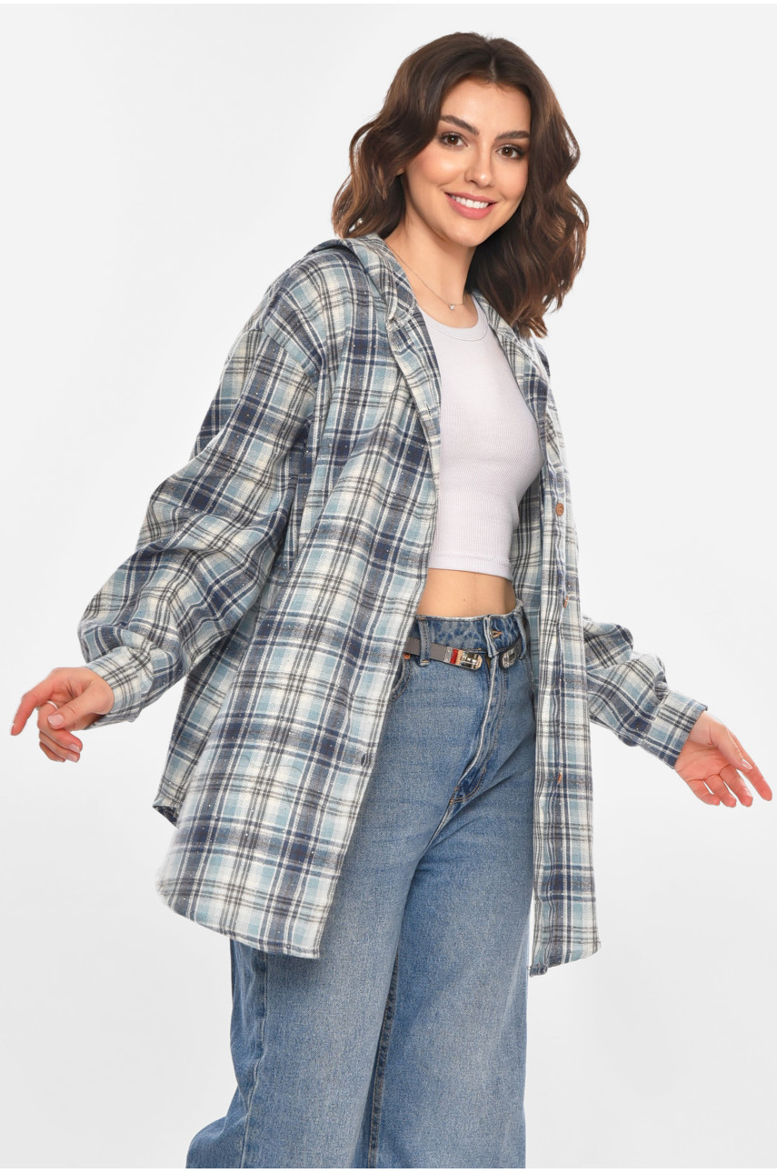 Рубашка женская полубатальная голубого цвета со стразами 7758 212351