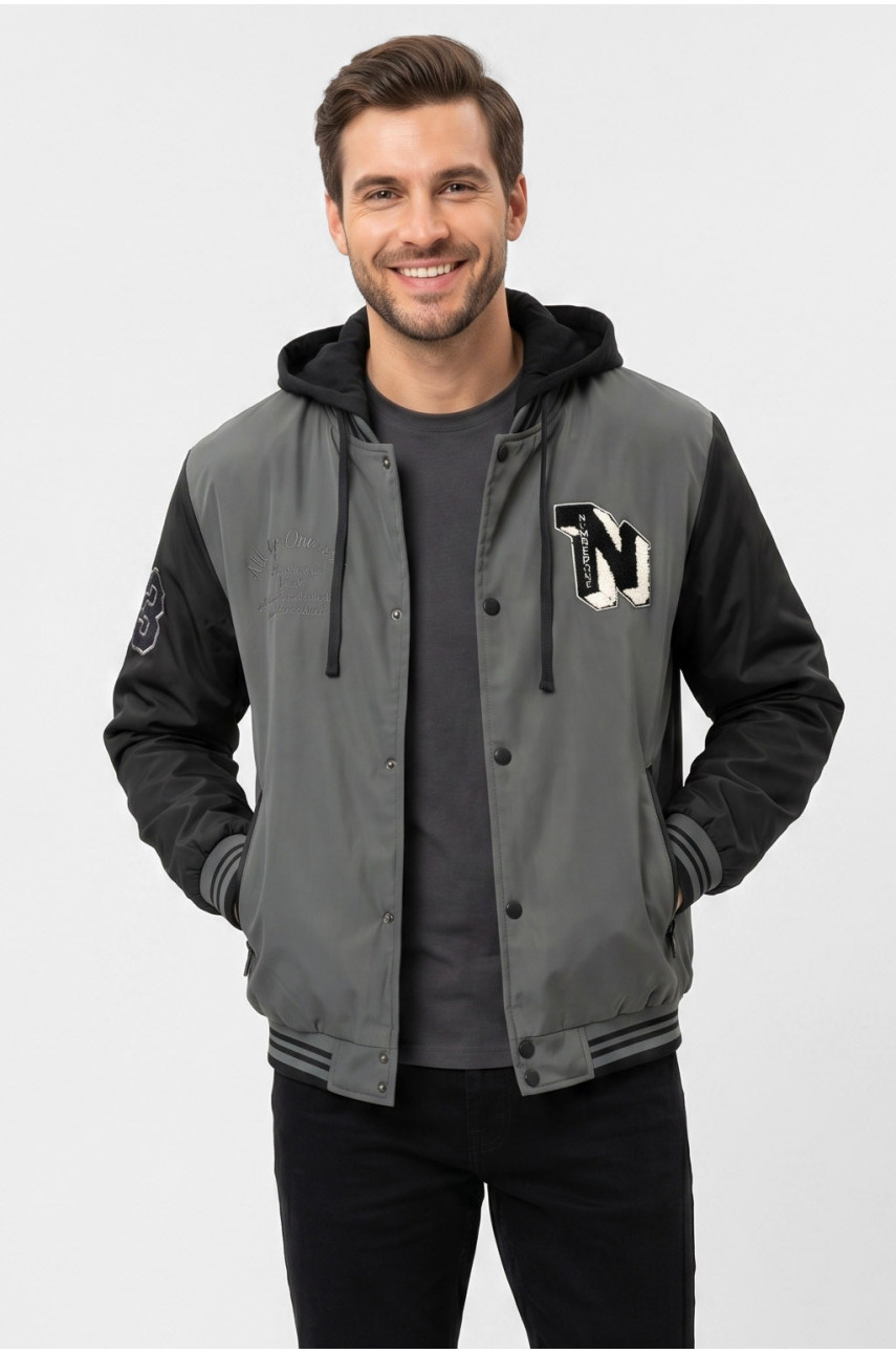 Бомбер мужской демисезонный серого цвета с принтом S425 212389