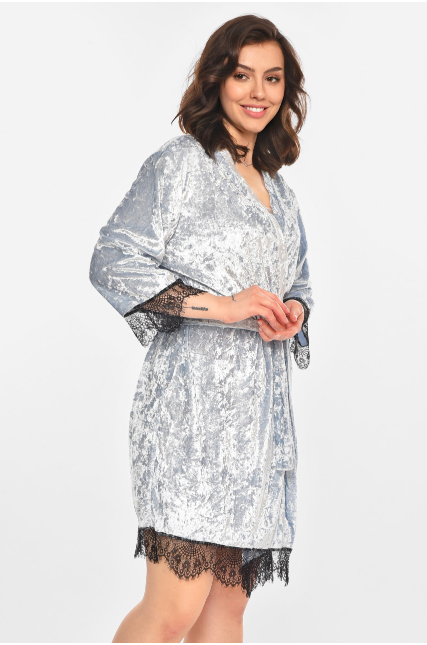 Халат женский велюровый серого цвета М14 212470