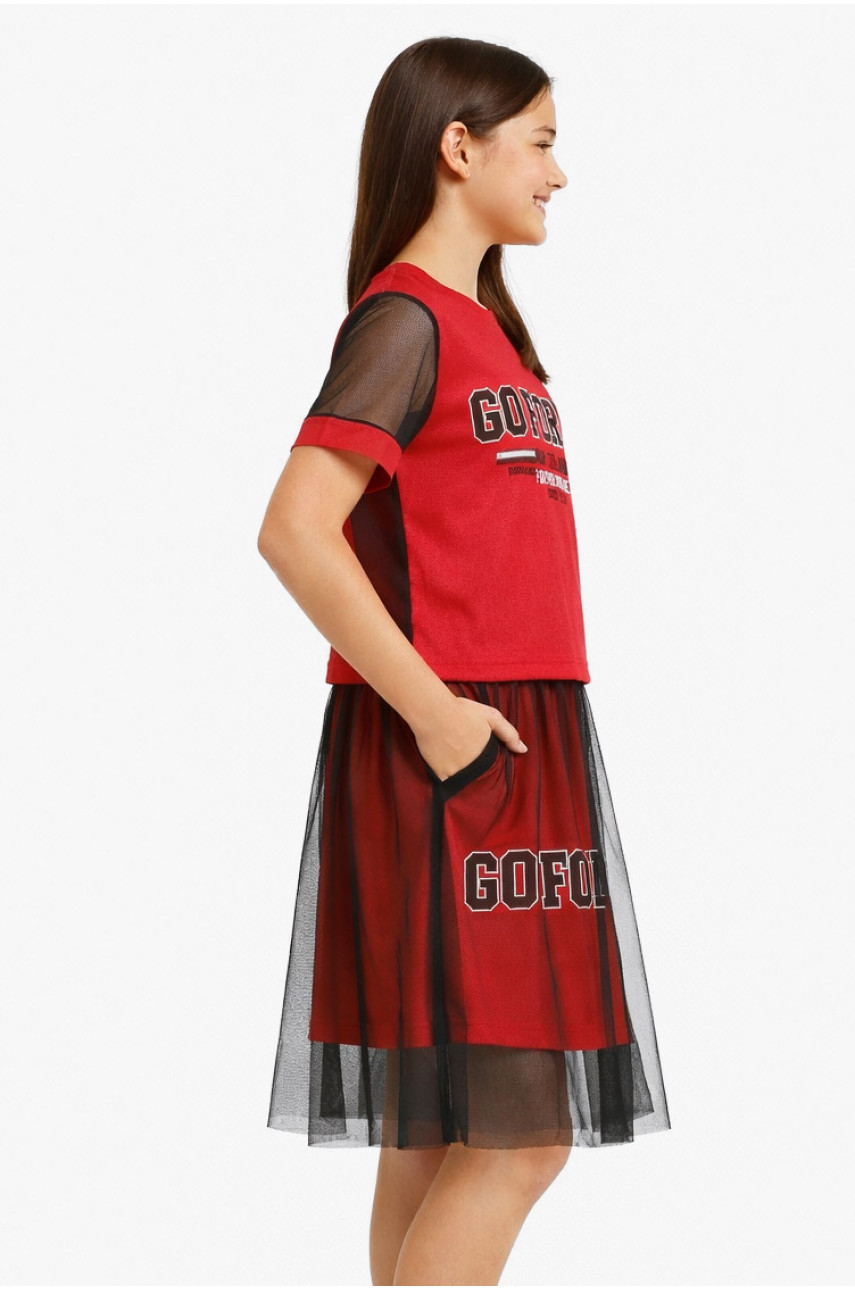 Костюм подростковый для девочки красного цвета с принтом 6030 212529