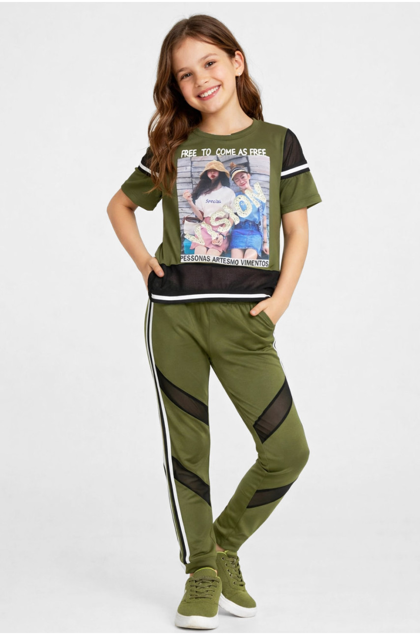 Костюм подростковый для девочки цвета хаки с принтом 6014 212535
