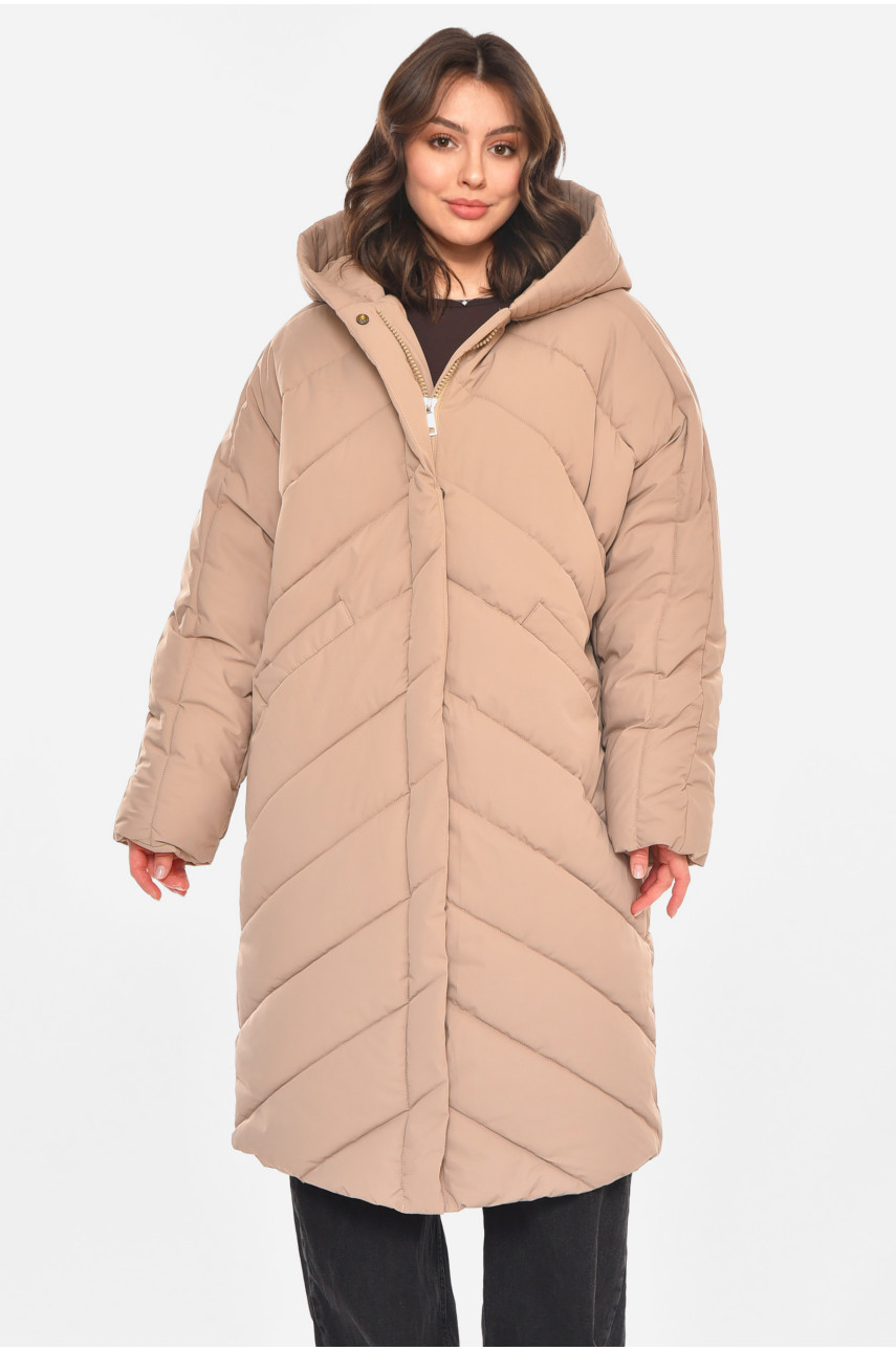 Куртка жіноча подовжена зима бежевого кольору 9081 212552