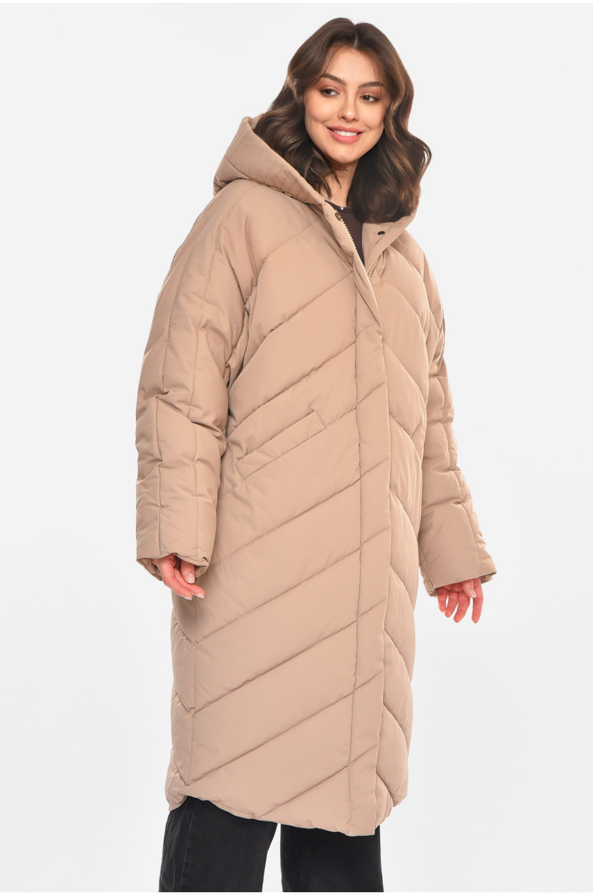 Куртка жіноча подовжена зима бежевого кольору 9081 212552