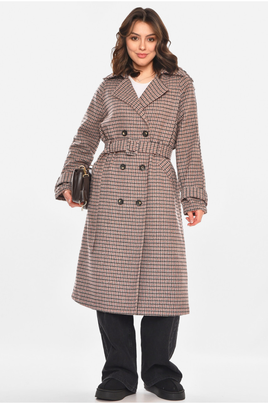 Пальто жіноче бежевого кольору з принтом 212581