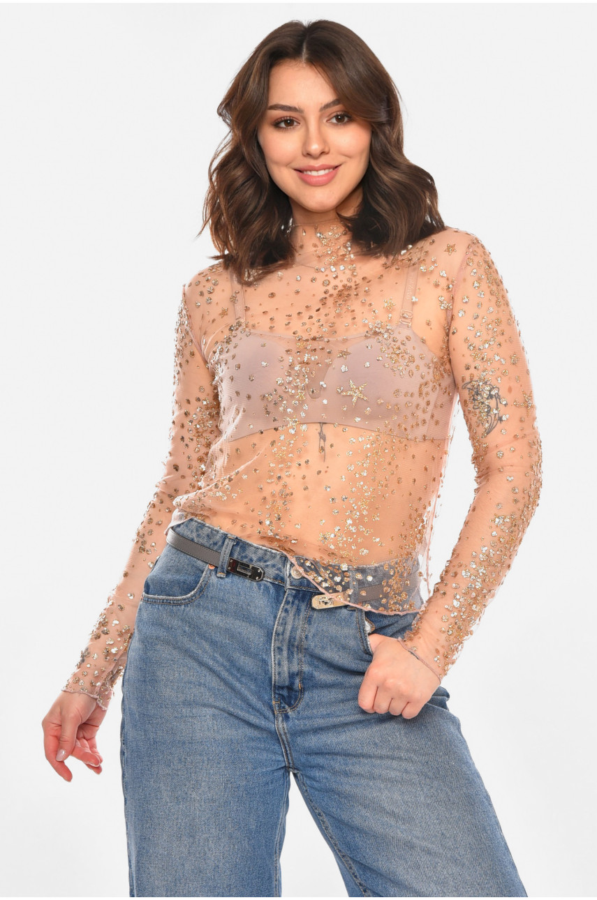 Кофта женская прозрачная розового цвета с пайетками 212621