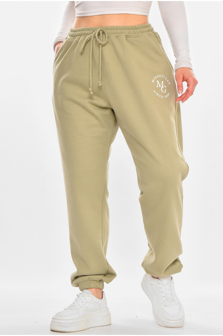 Спортивные штаны женские на флисе оливкового цвета 212636