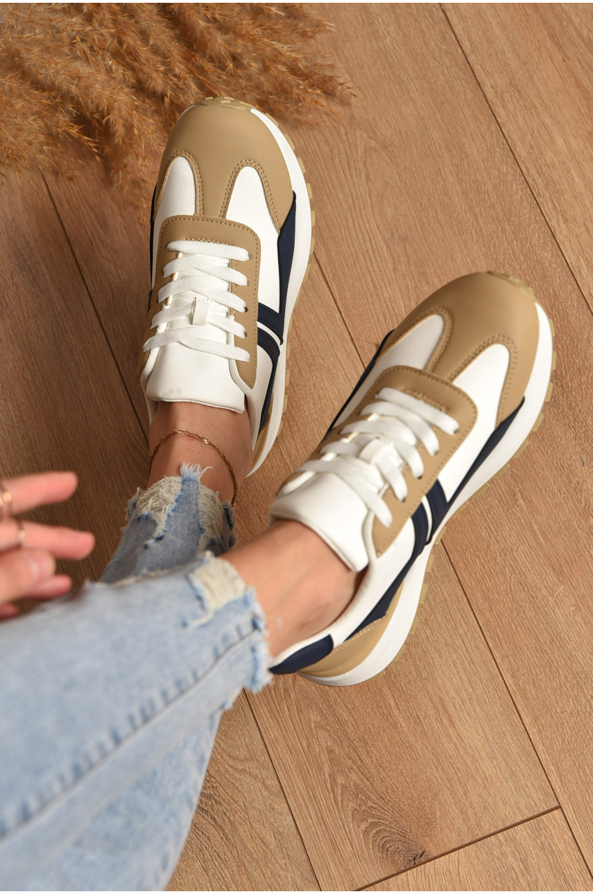 Кросівки жіночі біло-бежевого кольору з синім на шнурівці Уцінка 542-99 212782