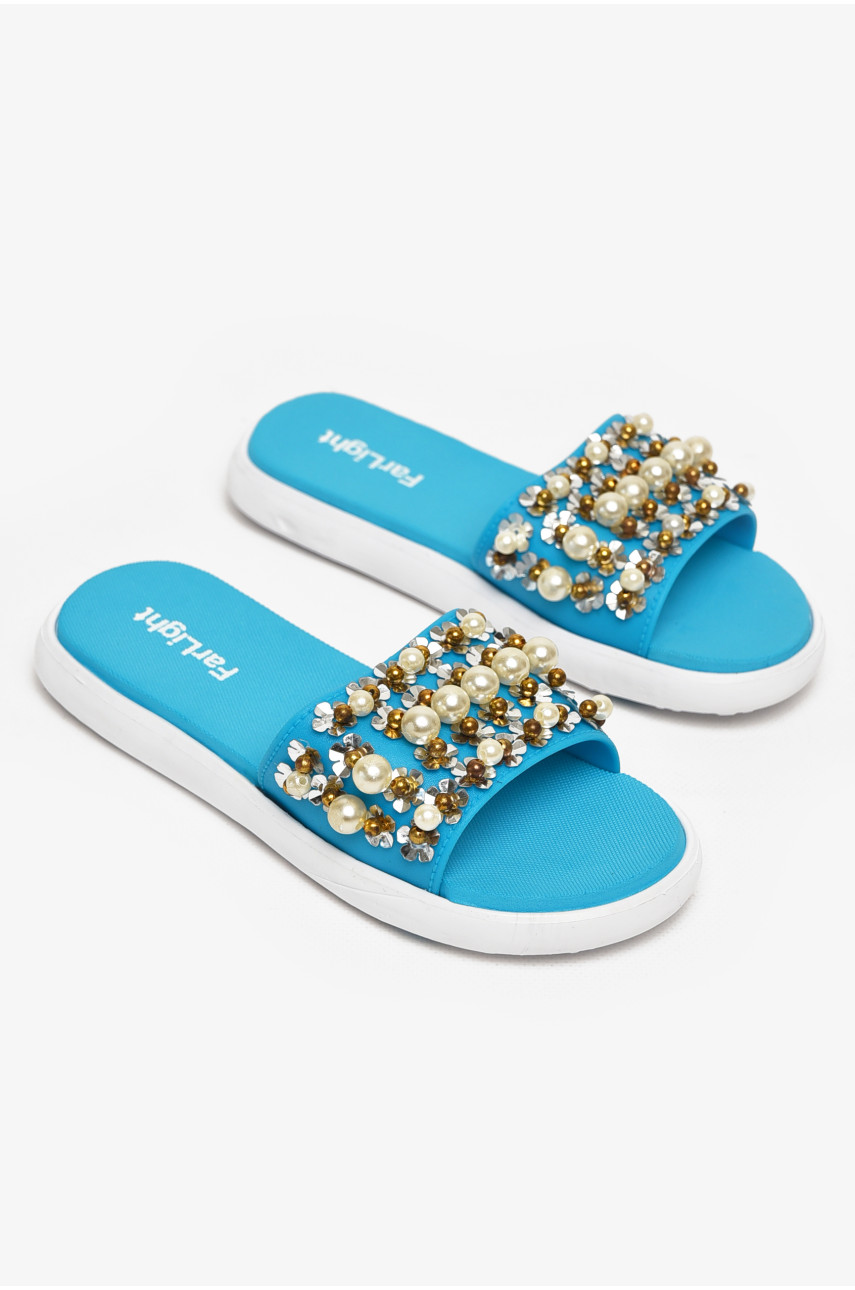 Шлепки женские голубого цвета с бусинками 8459-1 212914