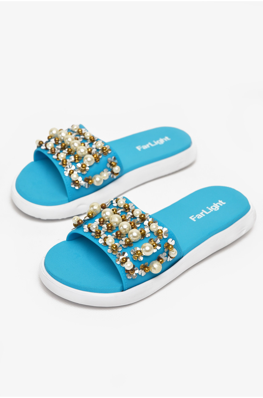 Шлепки женские голубого цвета с бусинками 8459-1 212914