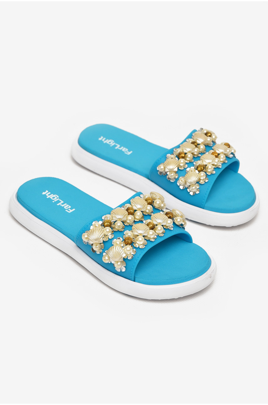 Шлепки женские голубого цвета с ракушками 8459-3 212915