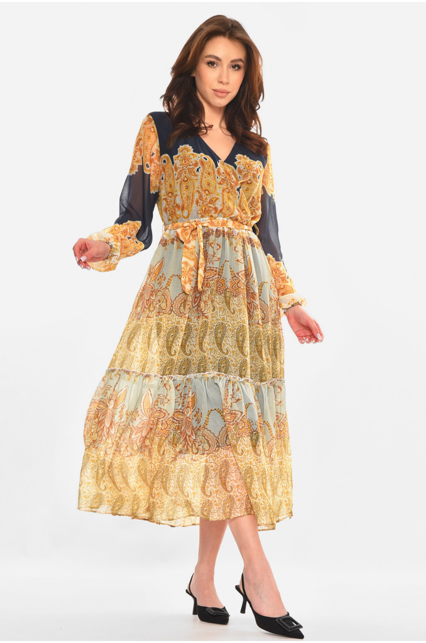 Сукня жіноча гірчичного кольору з принтом 213186