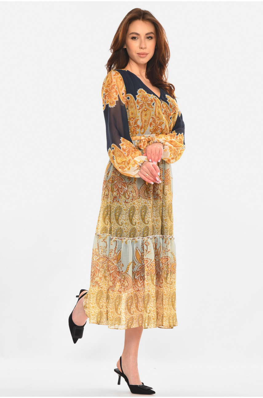 Сукня жіноча гірчичного кольору з принтом 213186