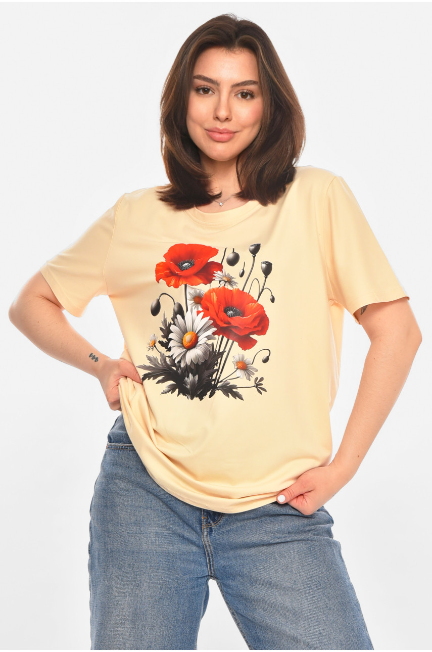 Футболка жіноча бежевого кольору з принтом 213457