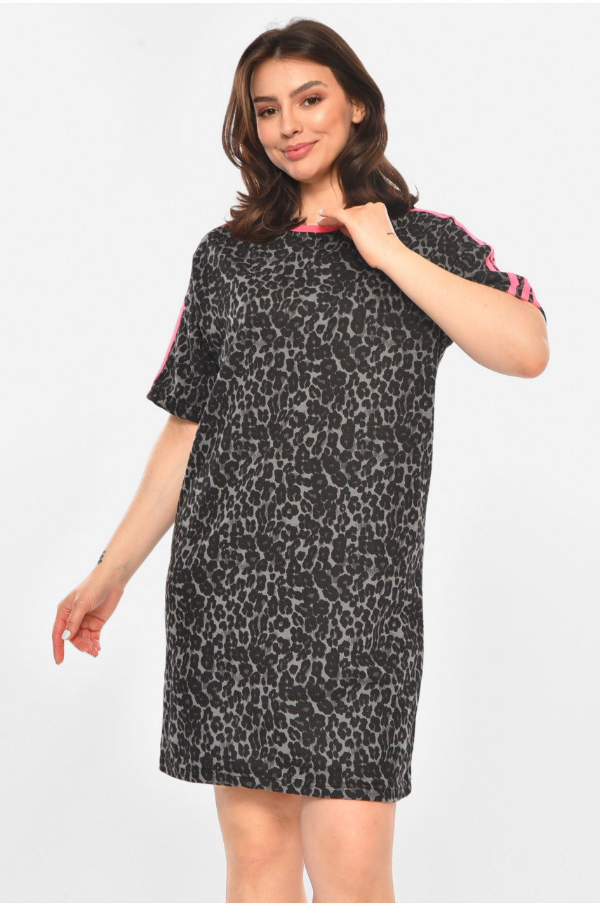 Сукня-футболка жіноча чорно-сірого кольору в леопардовий принт 213694