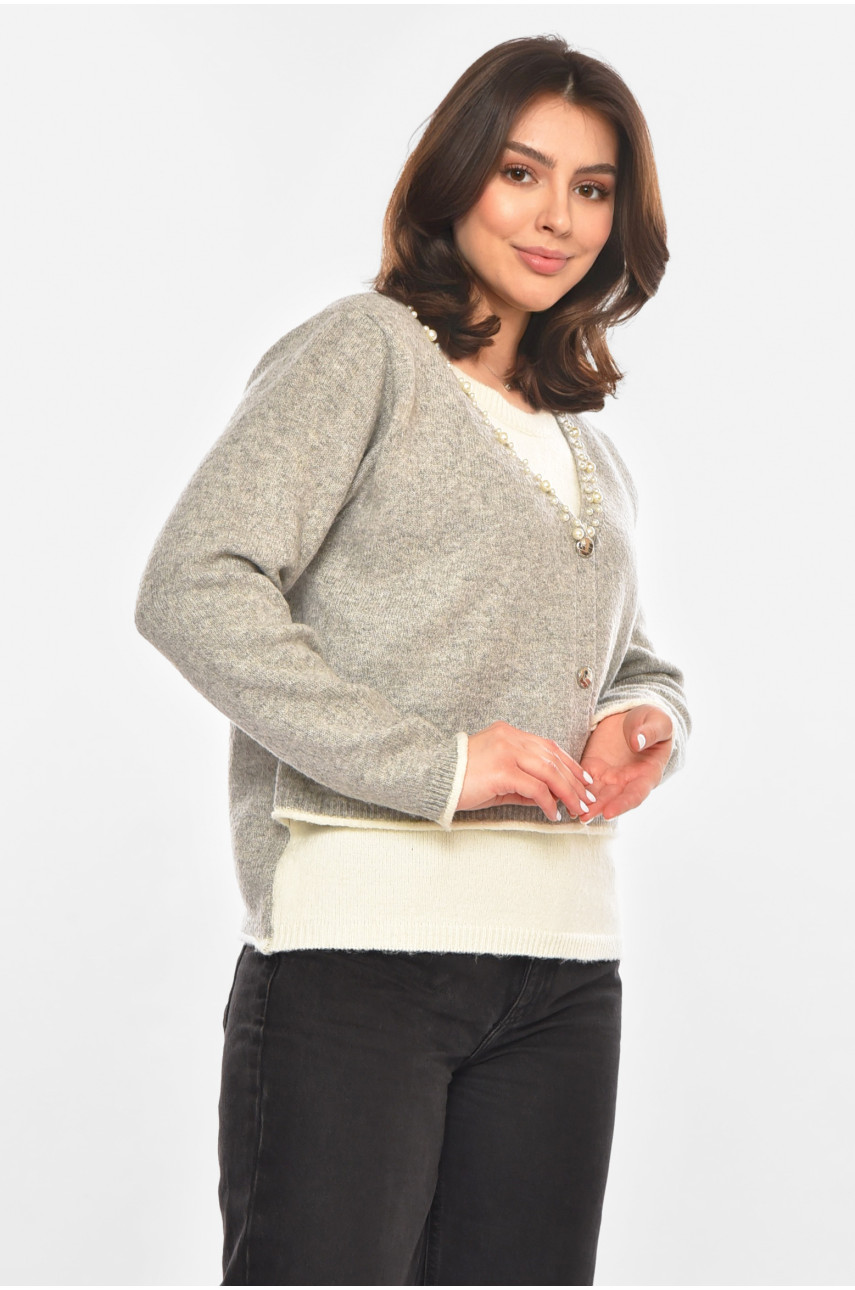 Кофта жіноча сірого кольору з намистинами 213817