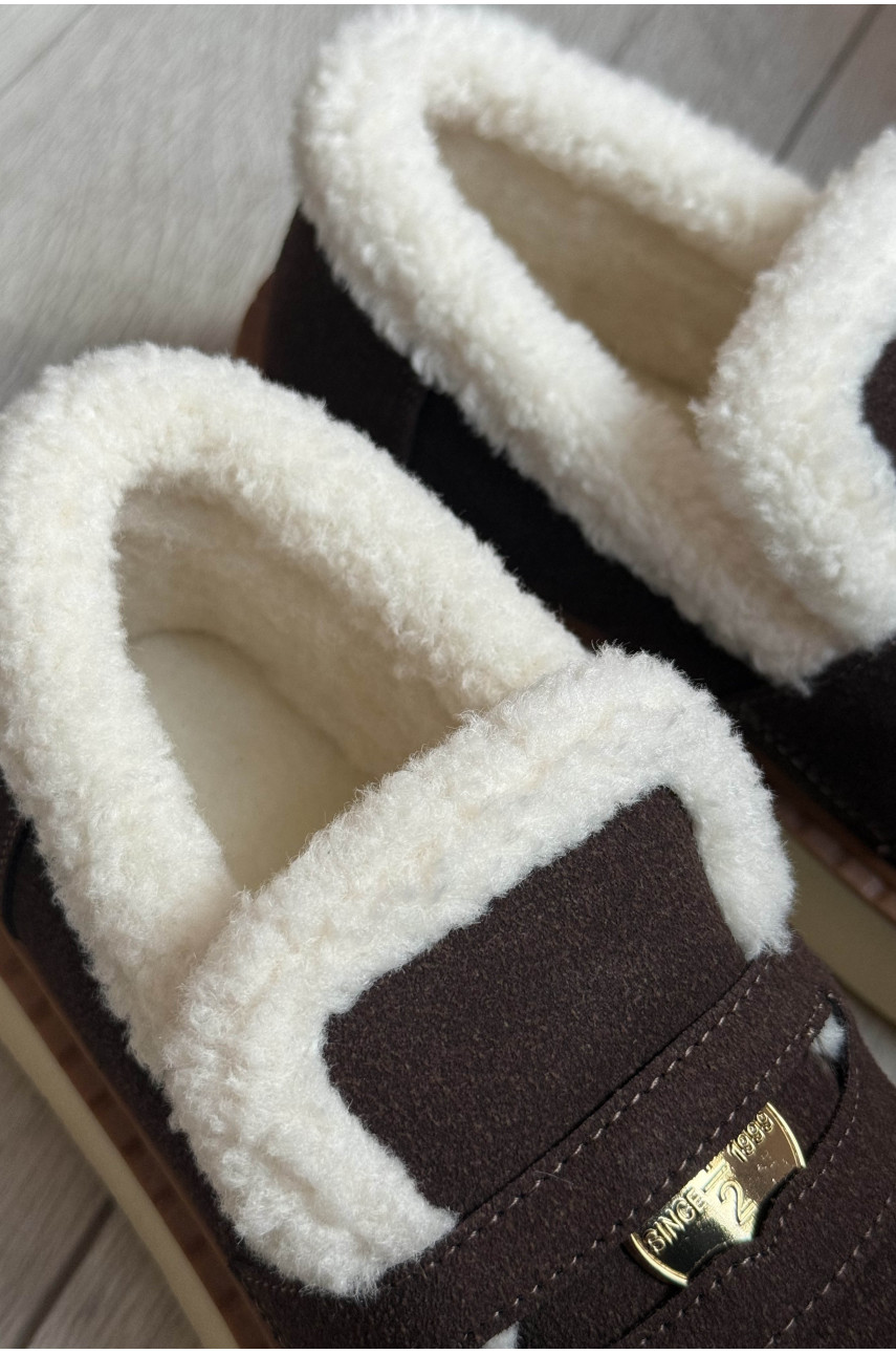 Лоферы женские на меху коричневого цвета N100-4 219002
